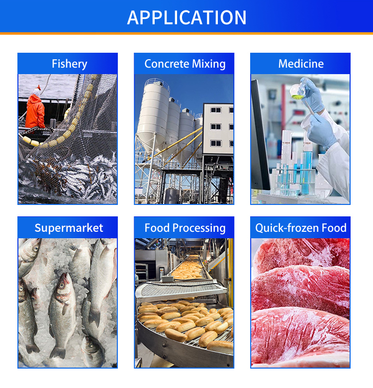 flake-ice-machine-application-scenarios การใช้งานที่หลากหลายของเครื่องทำน้ำแข็งเกล็ด การเก็บรักษาอาหารทะเลประมง การทำความเย็นคอนกรีต การแปรรูปอาหาร ยา ซูเปอร์มาร์เก็ต และอุตสาหกรรมอาหารแช่แข็งอย่างรวดเร็ว