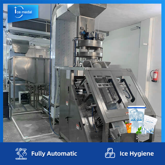 สายการผลิตน้ำแข็งก้อนอัตโนมัติเต็มรูปแบบพร้อมระบบบรรจุสำหรับโรงงานน้ำแข็ง